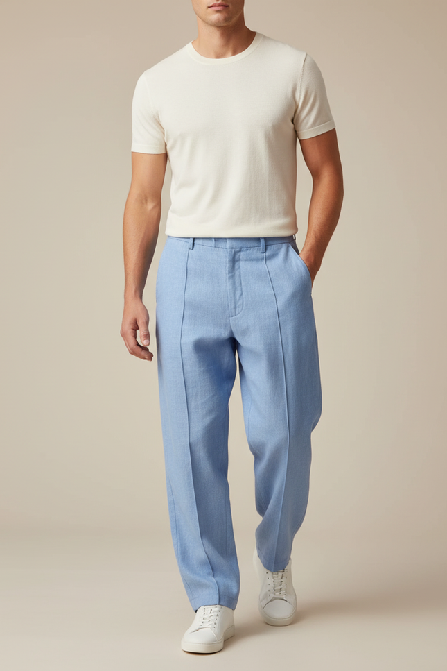Pantalon Baggy Bleu Ciel Lin Droit Ample Homme