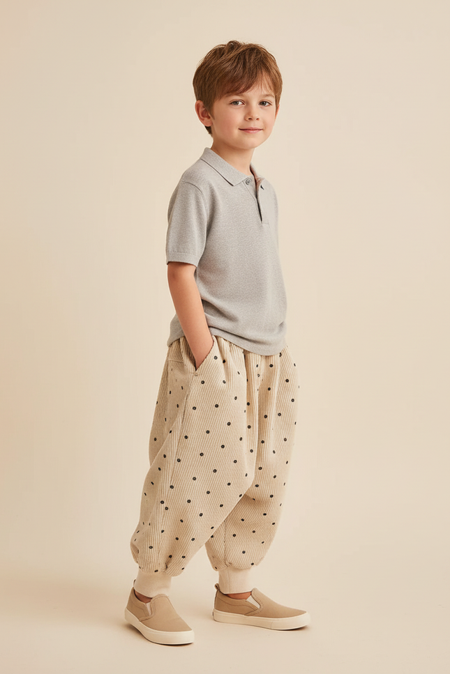 Pantalon Baggy Velours Côtelé Beige Points Noirs Ample Enfant - Cordé