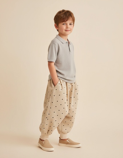 Pantalon Baggy Velours Côtelé Beige Points Noirs Ample Enfant - Cordé