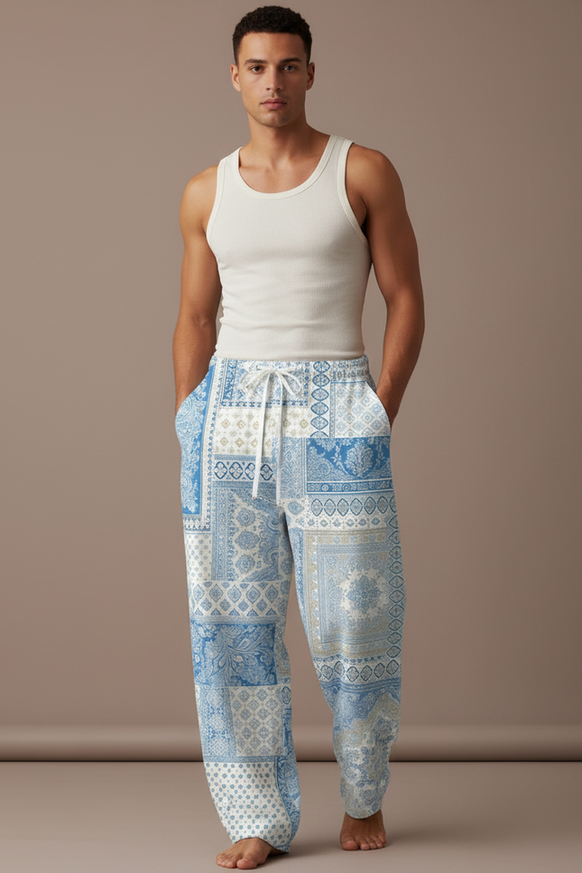 Pantalon Baggy Patchwork Bleu Motif Rétro Ample Décontracté - Viscose