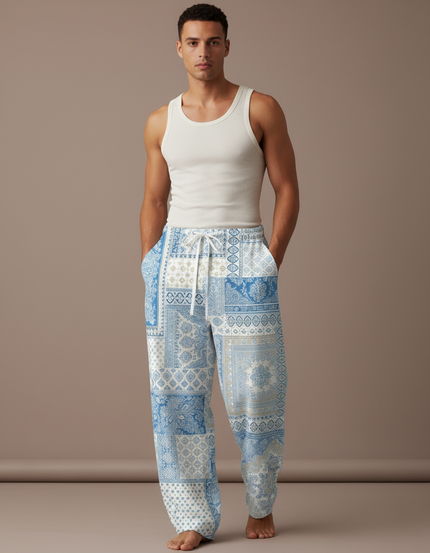 Pantalon Baggy Patchwork Bleu Motif Rétro Ample Décontracté - Viscose