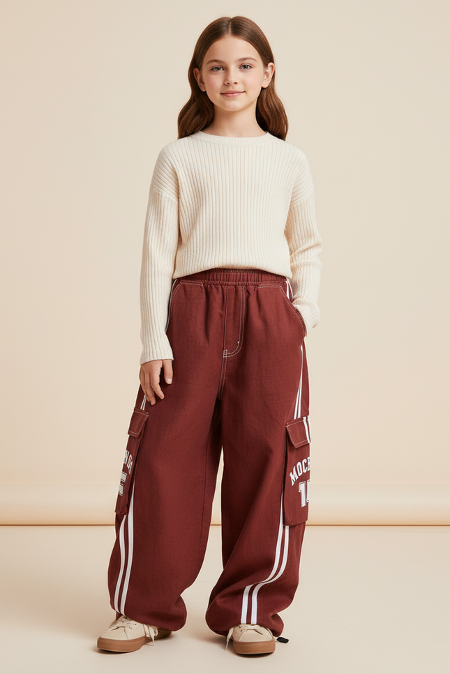 Pantalon Baggy Marron Cargo Large Rayures Blanches Enfant - Toile