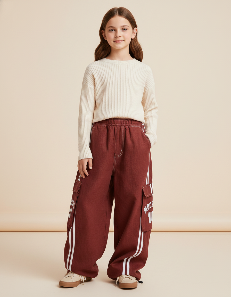 Pantalon Baggy Marron Cargo Large Rayures Blanches Enfant - Toile