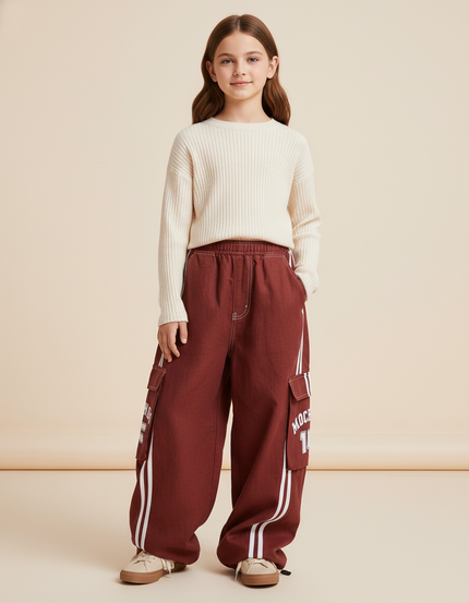 Pantalon Baggy Marron Cargo Large Rayures Blanches Enfant - Toile