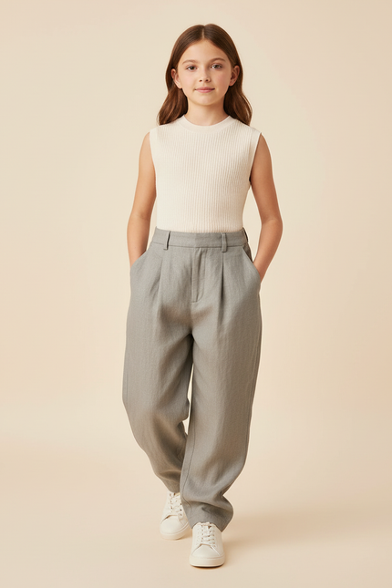 Pantalon Baggy Fille Gris Taille Haute - Gabardine