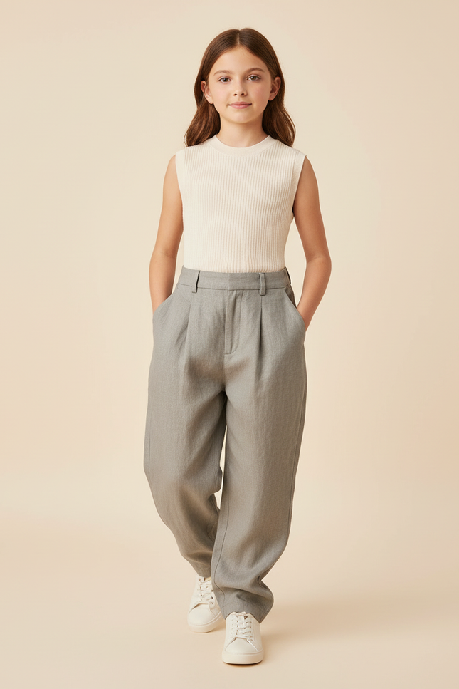 Pantalon Baggy Fille Gris Taille Haute - Gabardine