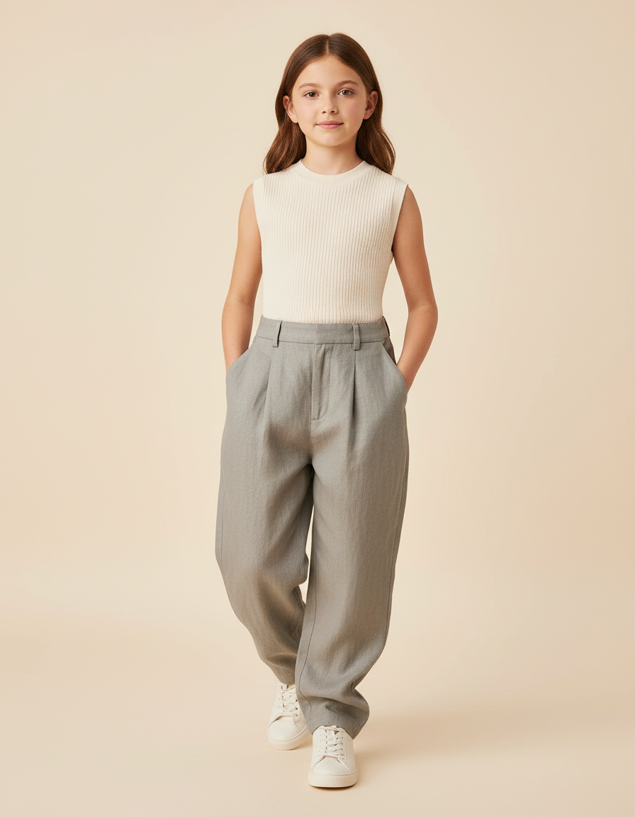 Pantalon Baggy Fille Gris Taille Haute - Gabardine