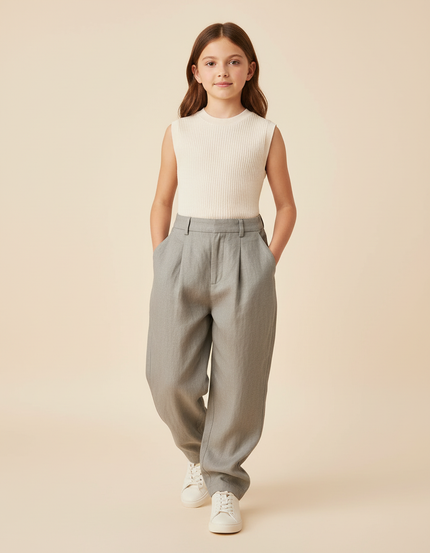 Pantalon Baggy Fille Gris Taille Haute - Gabardine
