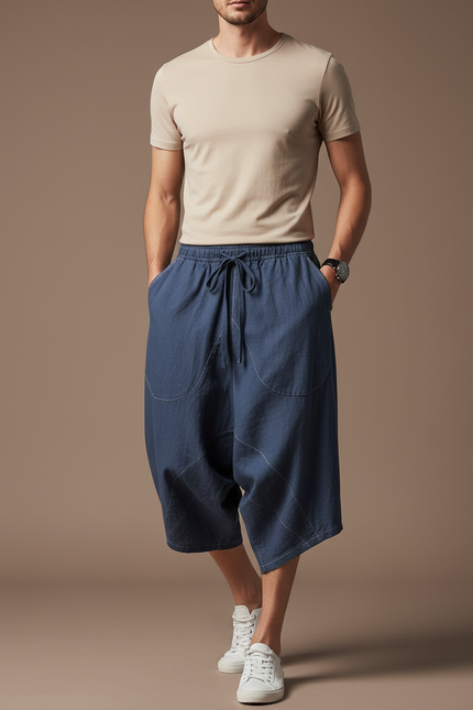 Pantalon Baggy Bleu Lin Ample Décontracté Homme Cordon