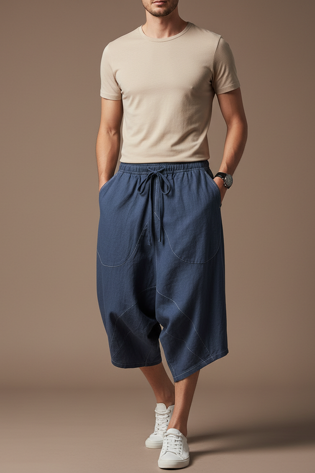 Pantalon Baggy Bleu Lin Ample Décontracté Homme Cordon