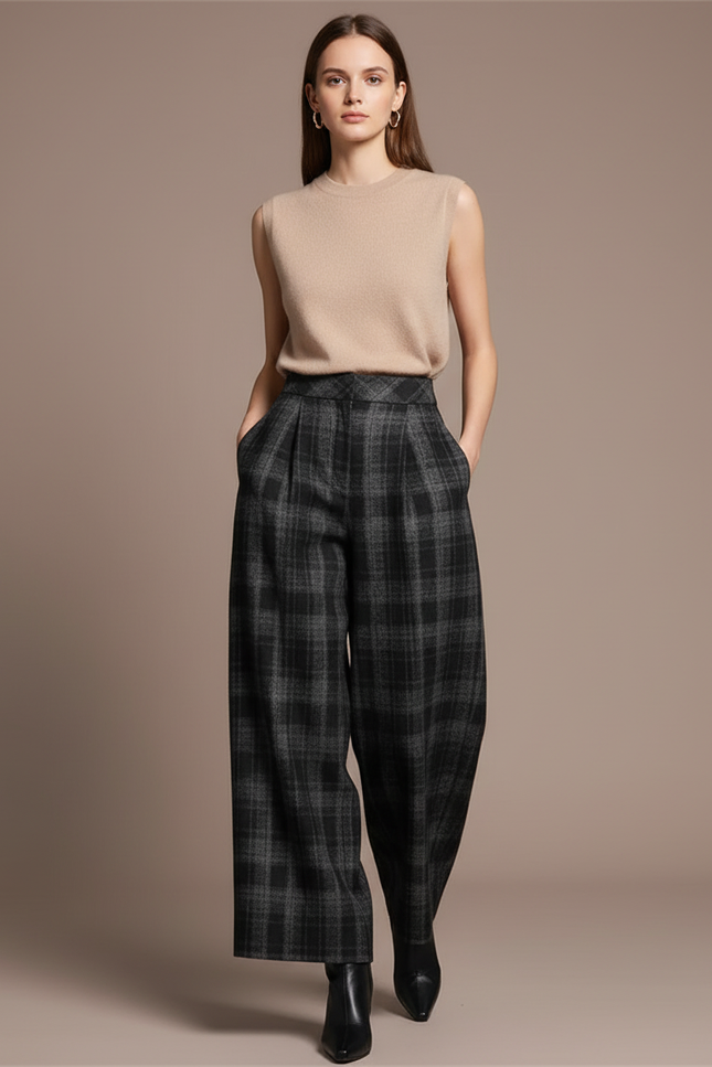 Pantalon Baggy Carreaux Gris Laine Ample Décontracté