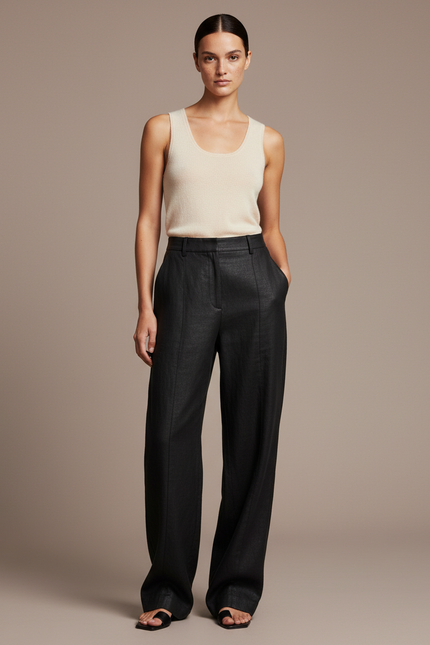 Pantalon Baggy Noir Lin Ample Droit Élégant
