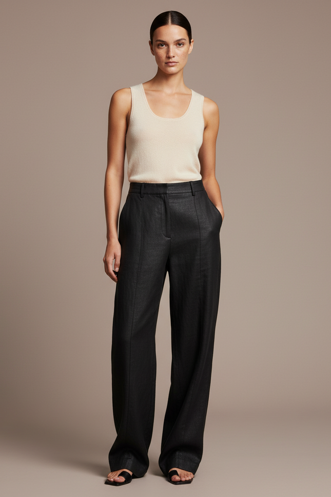 Pantalon Baggy Noir Lin Ample Droit Élégant