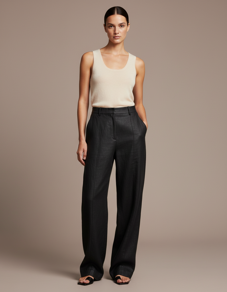 Pantalon Baggy Noir Lin Ample Droit Élégant