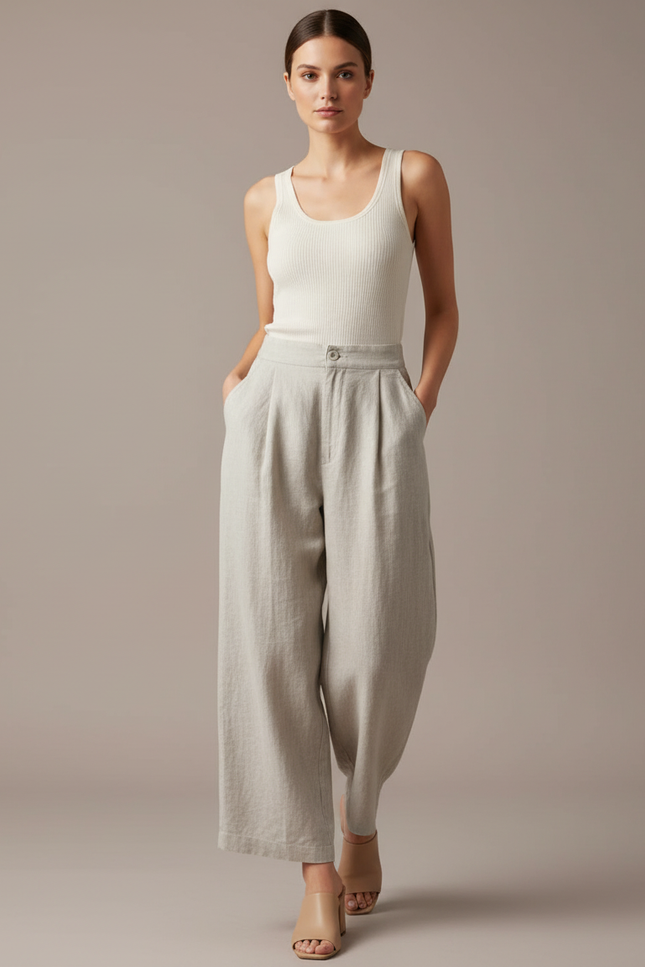 Pantalon Baggy Lin Beige Ample Plissé Femme