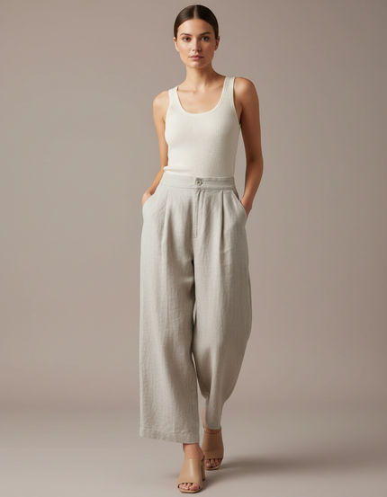 Pantalon Baggy Lin Beige Ample Plissé Femme