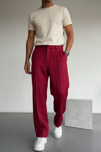 Pantalon Baggy Rouge Ample Plissé Décontracté Homme - Gabardine