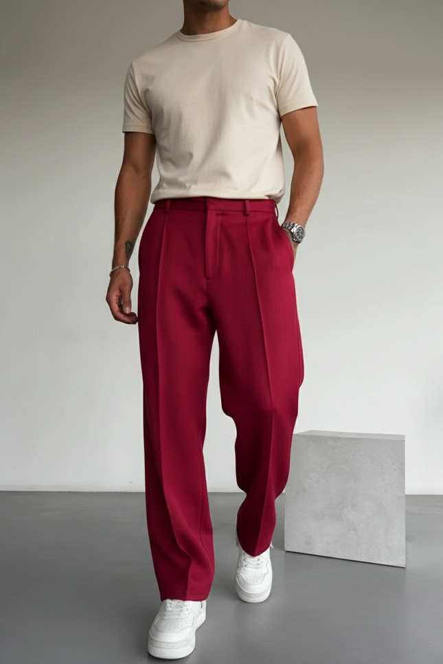 Pantalon Baggy Rouge Ample Plissé Décontracté Homme - Gabardine