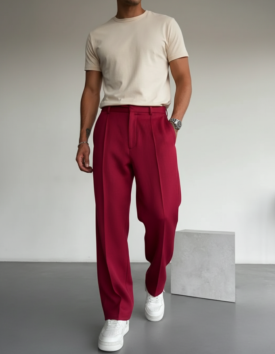 Pantalon Baggy Rouge Ample Plissé Décontracté Homme - Gabardine