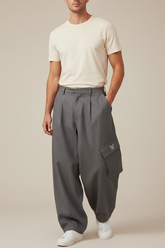 Pantalon Baggy Gris Ample Cargo Plissé Homme - Gabardine