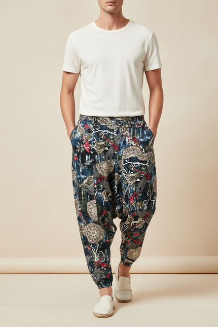 Pantalon Baggy Harem Coton Lin Floral Homme - Multicolore
