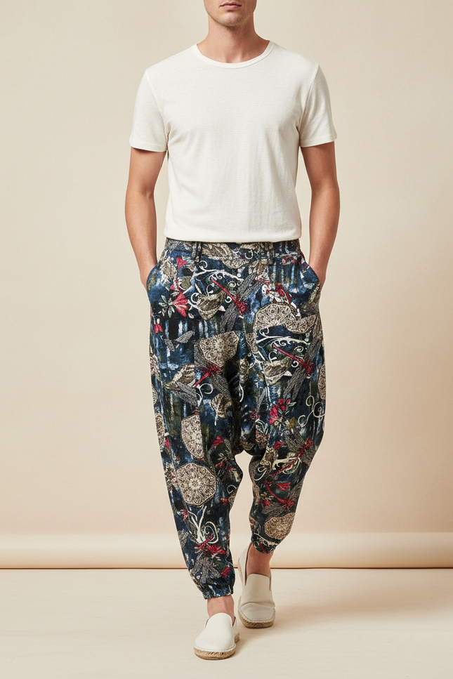 Pantalon Baggy Harem Coton Lin Floral Homme - Multicolore
