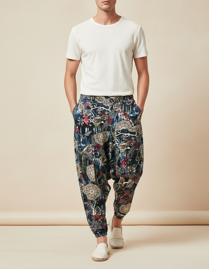 Pantalon Baggy Harem Coton Lin Floral Homme - Multicolore