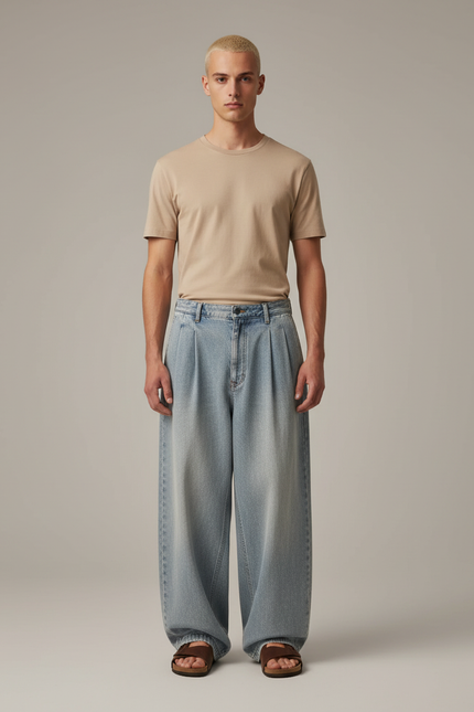 Pantalon Baggy Jean Clair Ample Plissé Unisexe - Bleu