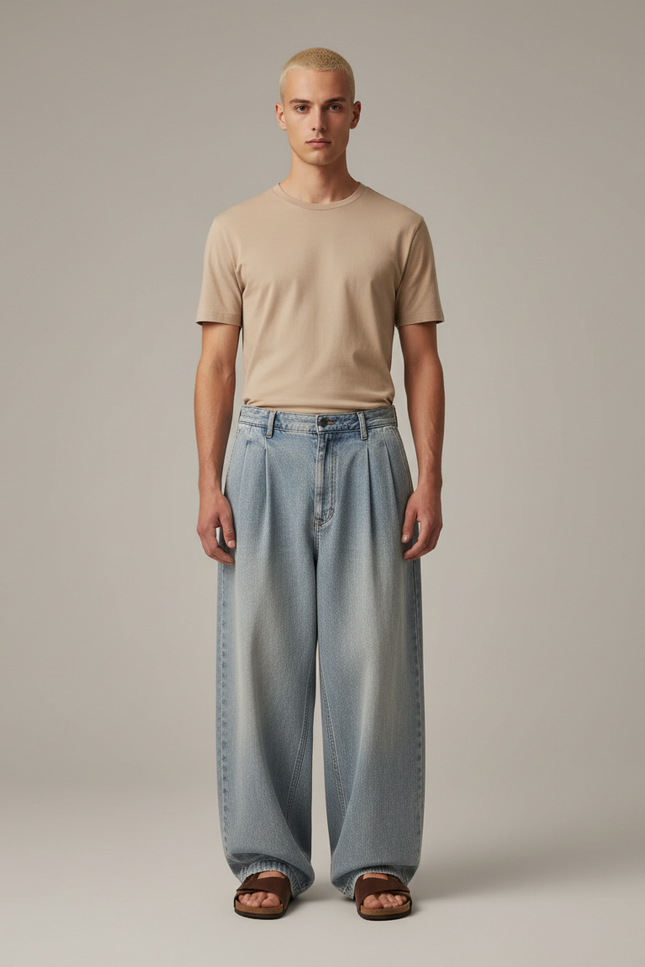 Pantalon Baggy Jean Clair Ample Plissé Unisexe - Bleu
