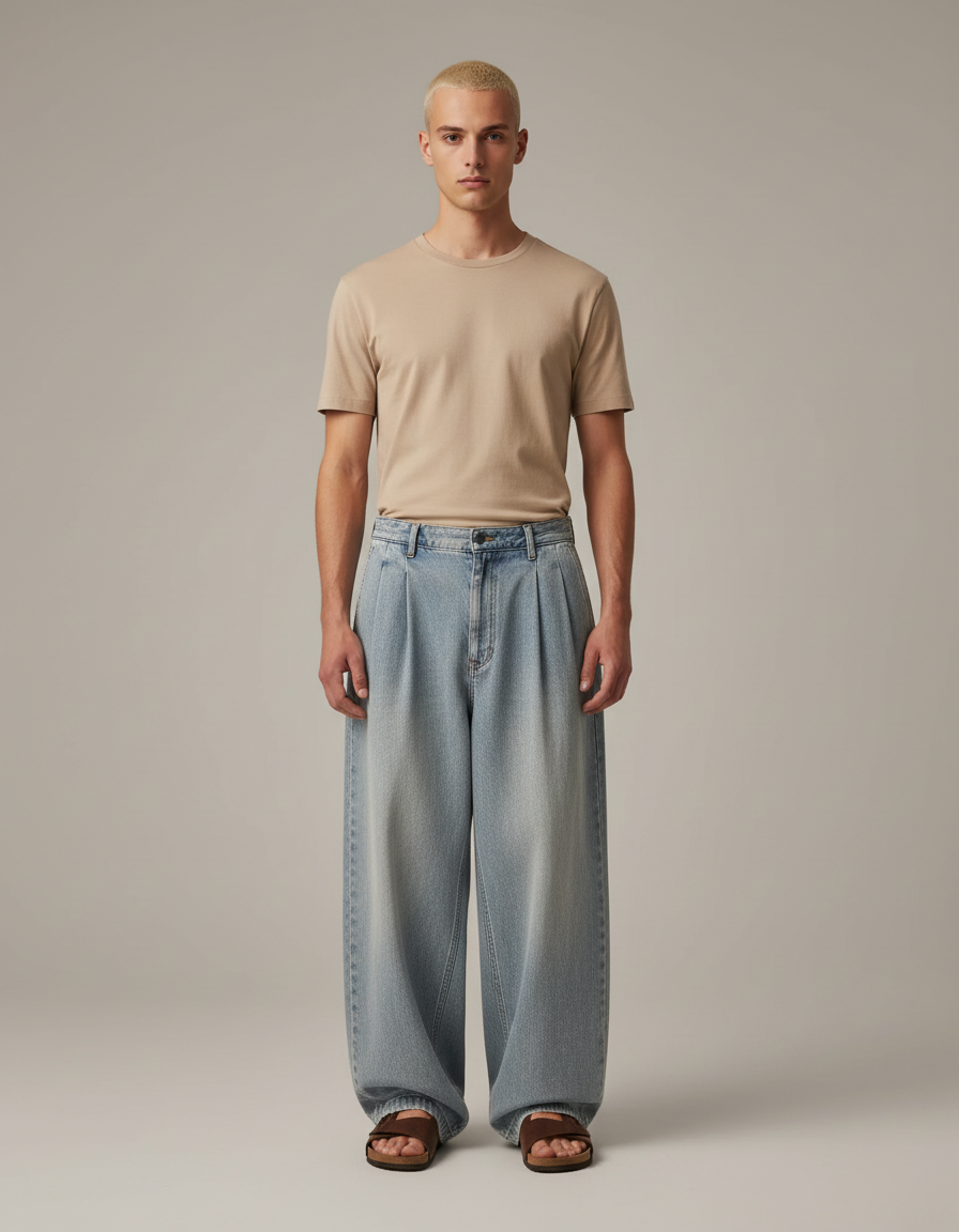 Pantalon Baggy Jean Clair Ample Plissé Unisexe - Bleu