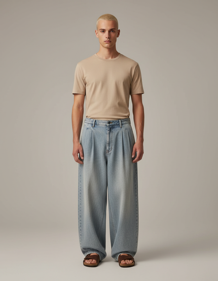 Pantalon Baggy Jean Clair Ample Plissé Unisexe - Bleu