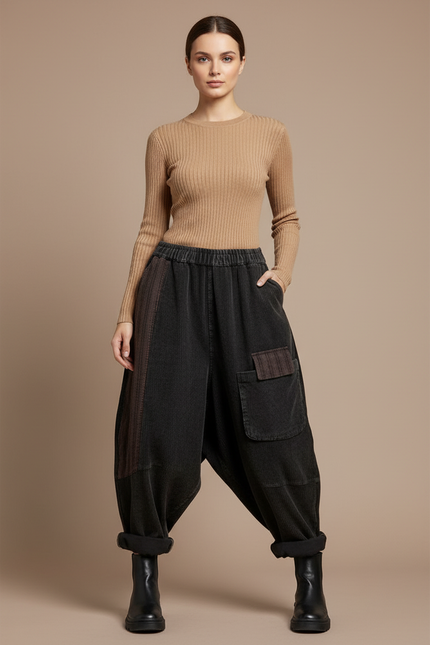 Pantalon Baggy Côtelé Noir Ample Patchwork Décontracté - Cordé