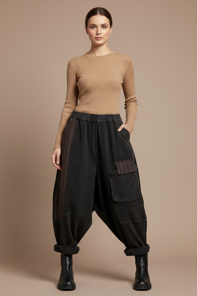 Pantalon Baggy Côtelé Noir Ample Patchwork Décontracté - Cordé