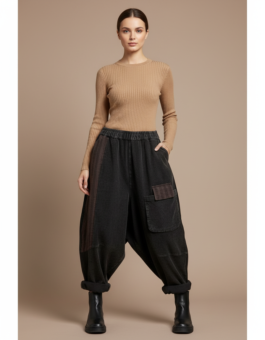 Pantalon Baggy Côtelé Noir Ample Patchwork Décontracté - Cordé