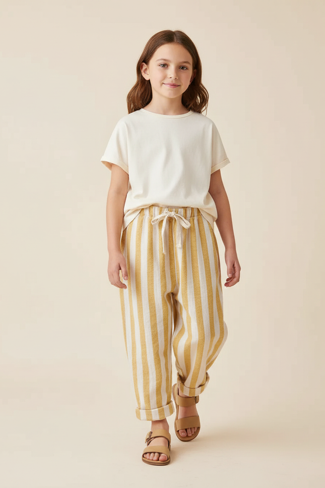 Pantalon Baggy Rayé Lin Coton Ample Décontracté Enfant - Jaune