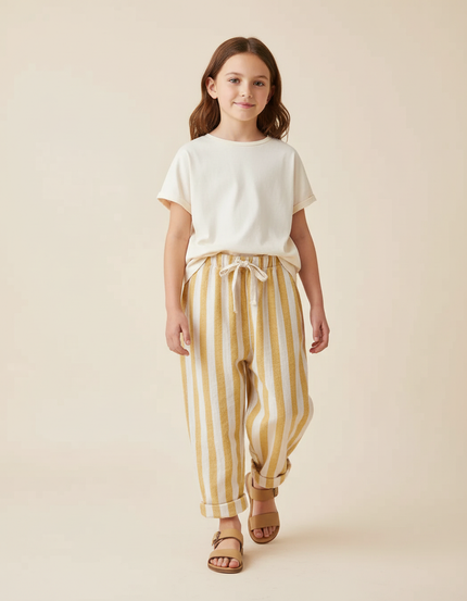 Pantalon Baggy Rayé Lin Coton Ample Décontracté Enfant - Jaune