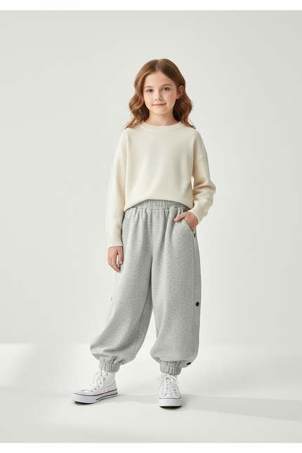 Pantalon Baggy Fille Gris Jogging Coton - Molleton
