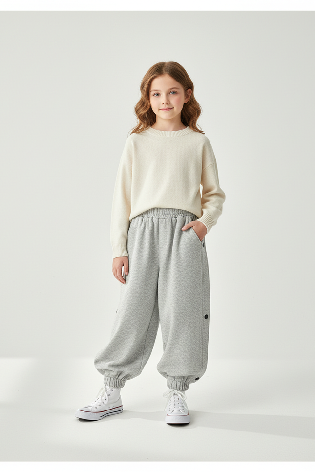 Pantalon Baggy Fille Gris Jogging Coton - Molleton