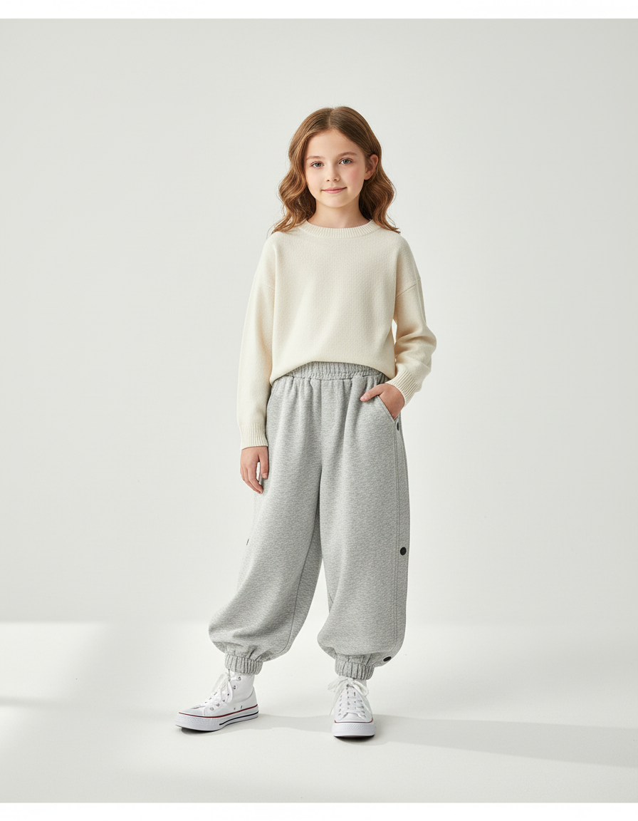 Pantalon Baggy Fille Gris Jogging Coton - Molleton