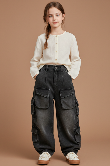 Pantalon Baggy Gris Denim Ample Multi-Poches Décontracté - Jean