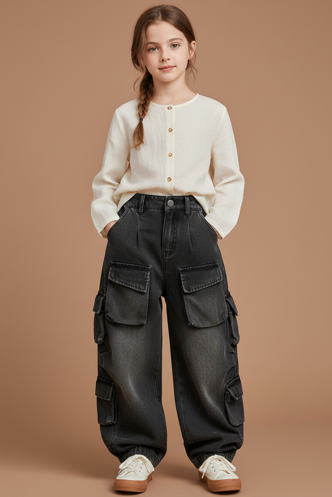 Pantalon Baggy Gris Denim Ample Multi-Poches Décontracté - Jean