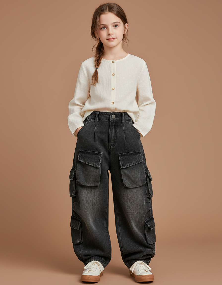 Pantalon Baggy Gris Denim Ample Multi-Poches Décontracté - Jean