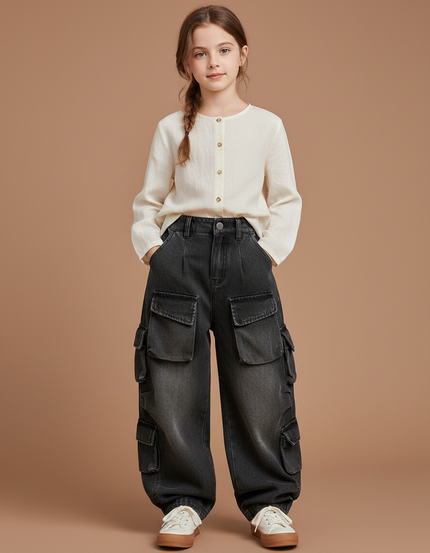 Pantalon Baggy Gris Denim Ample Multi-Poches Décontracté - Jean