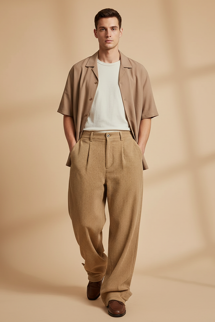 Pantalon Baggy Côtelé Ample Décontracté Homme Beige - Cordé