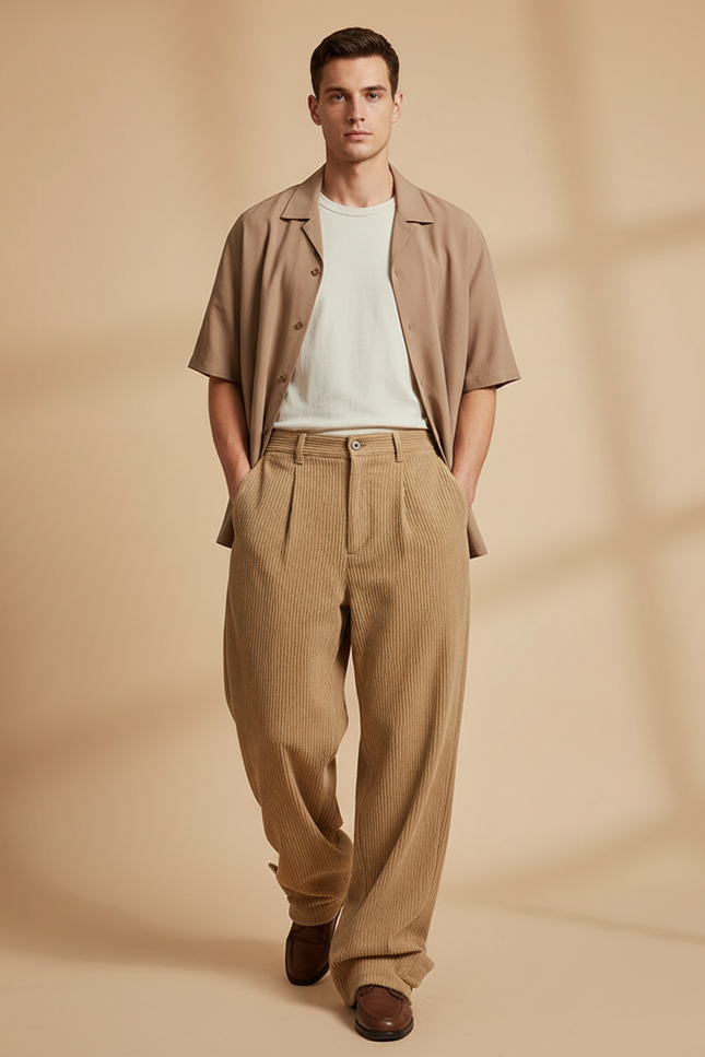Pantalon Baggy Côtelé Ample Décontracté Homme Beige - Cordé