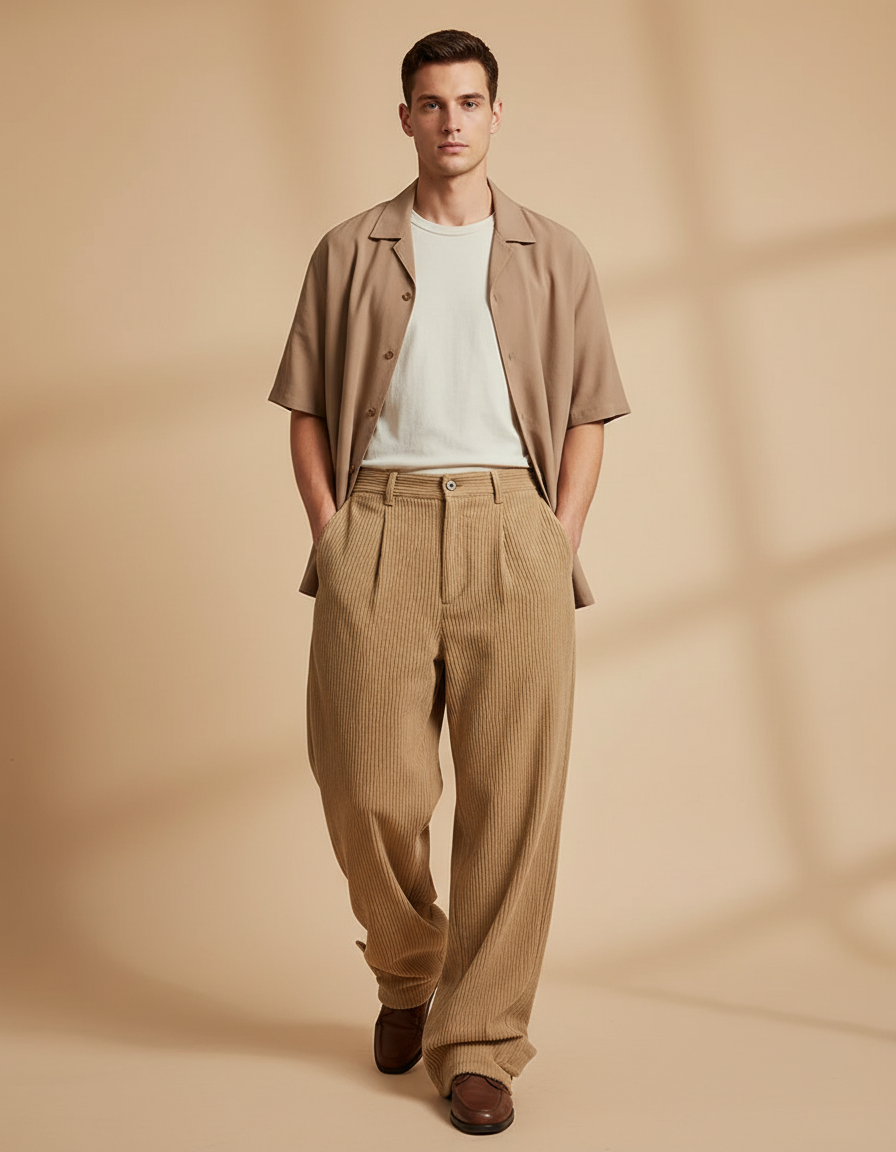 Pantalon Baggy Côtelé Ample Décontracté Homme Beige - Cordé