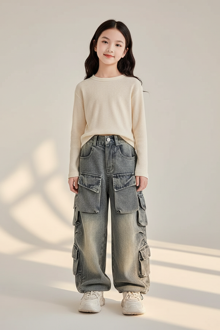 Pantalon Baggy Denim Gris Cargo Enfant Ample - Jean