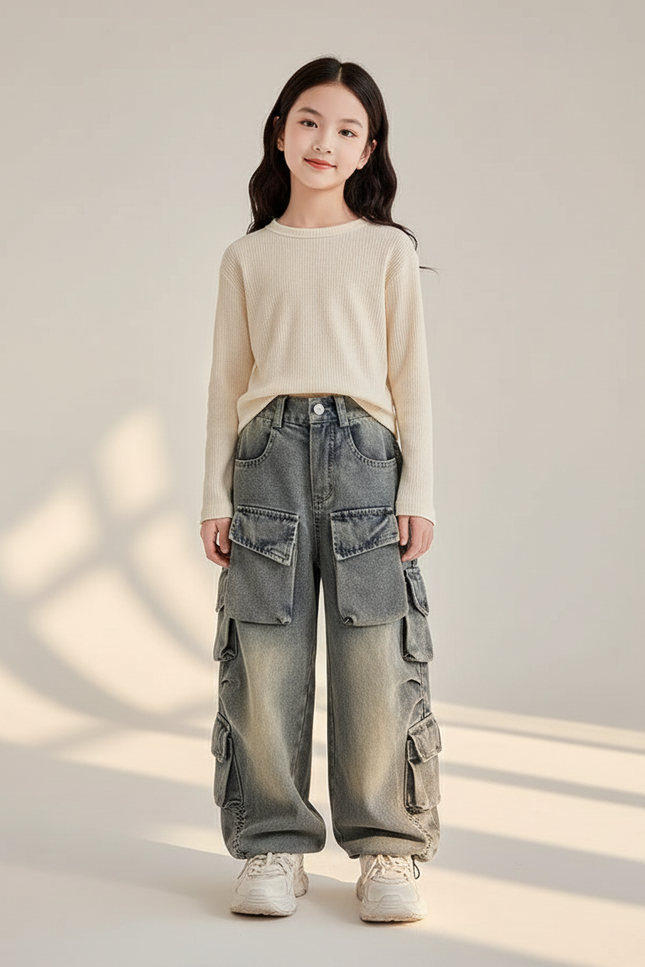 Pantalon Baggy Denim Gris Cargo Enfant Ample - Jean