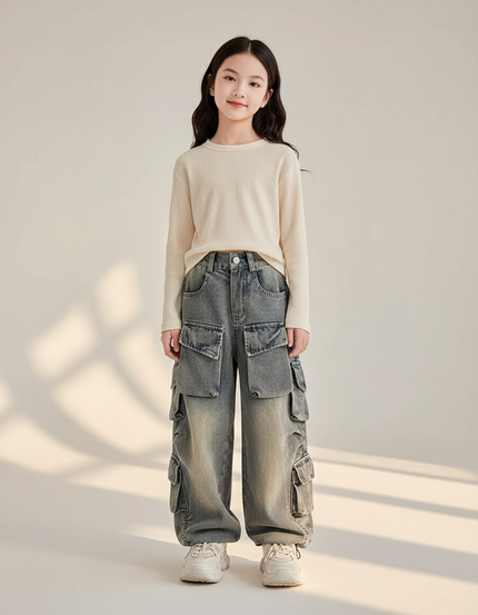 Pantalon Baggy Denim Gris Cargo Enfant Ample - Jean