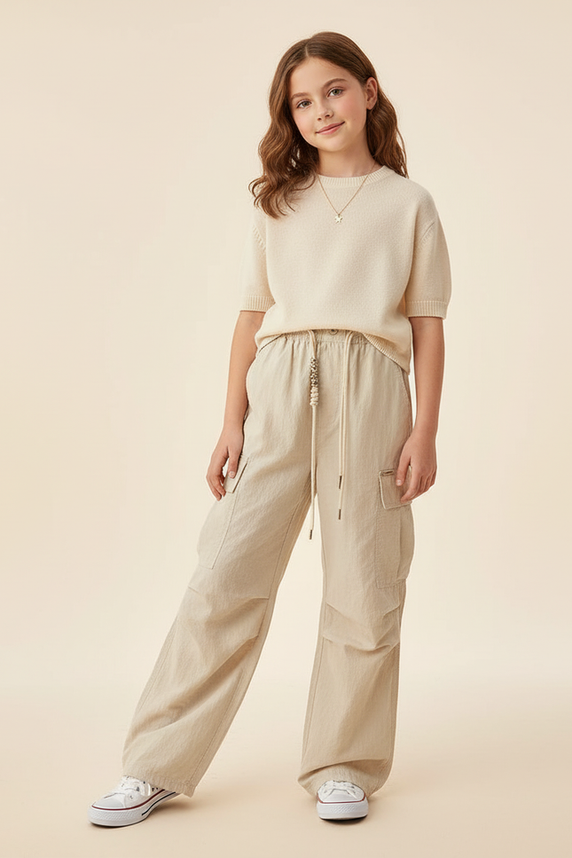 Pantalon Baggy Beige Cargo Ample Coton Fluide